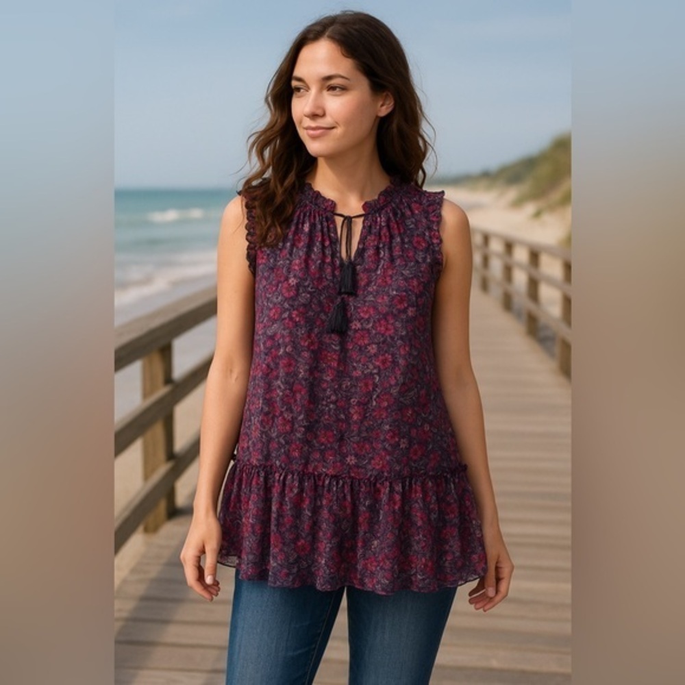 Ulla Johnson Purple Blue Floral Cecile Sheer Ruffle Silk Top EUC 4 #2274
